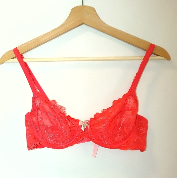 Victoria's Secret Other - Victoria's Secret Body by Victoria Unlined Demi 34B Bright Pink Orange Lace